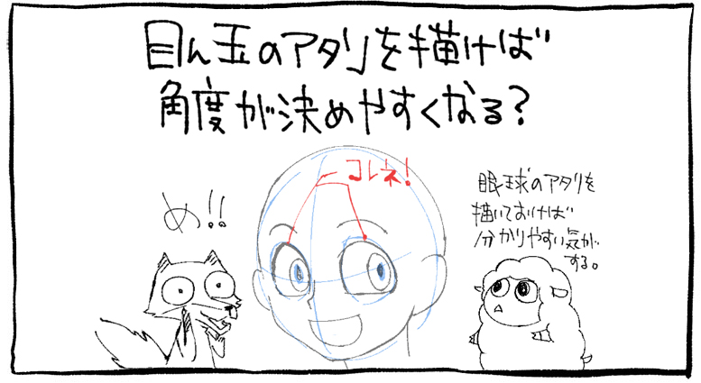 角度を付けて顔を描くときは 眼球のアタリを取ると分かりやすい かもしれない 空き箱